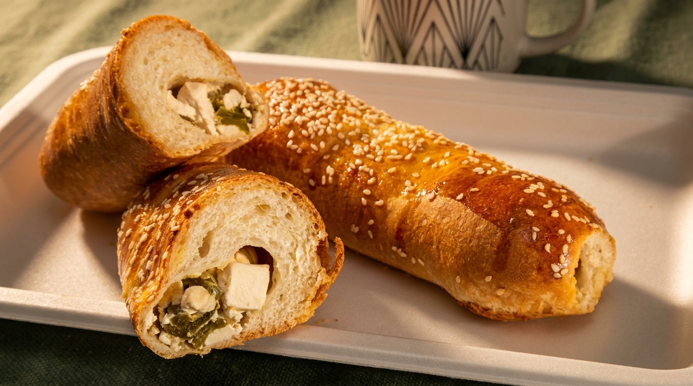 Sesame-crusted bread rolls, one whole and two halves, revealing a savory filling of cheese and greens.