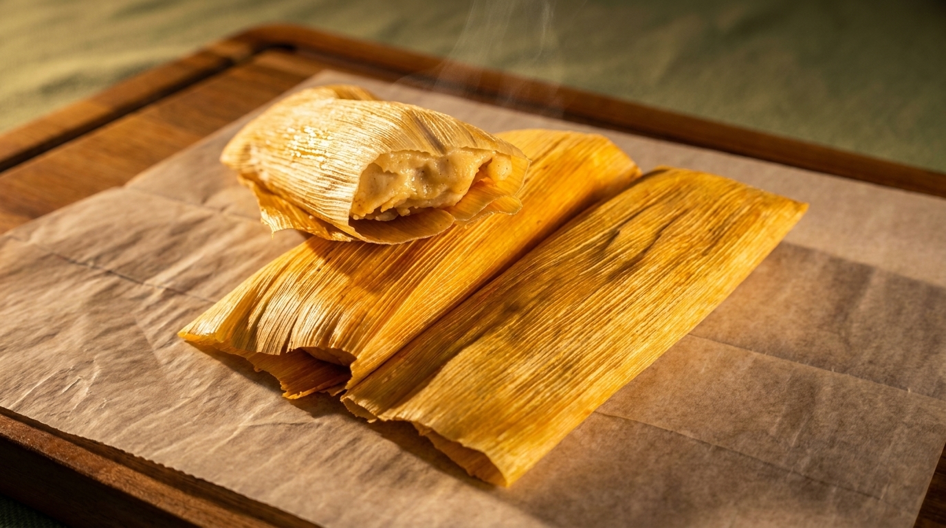 Three steaming hot tamales, one partially unwrapped, on parchment paper atop a wooden board.