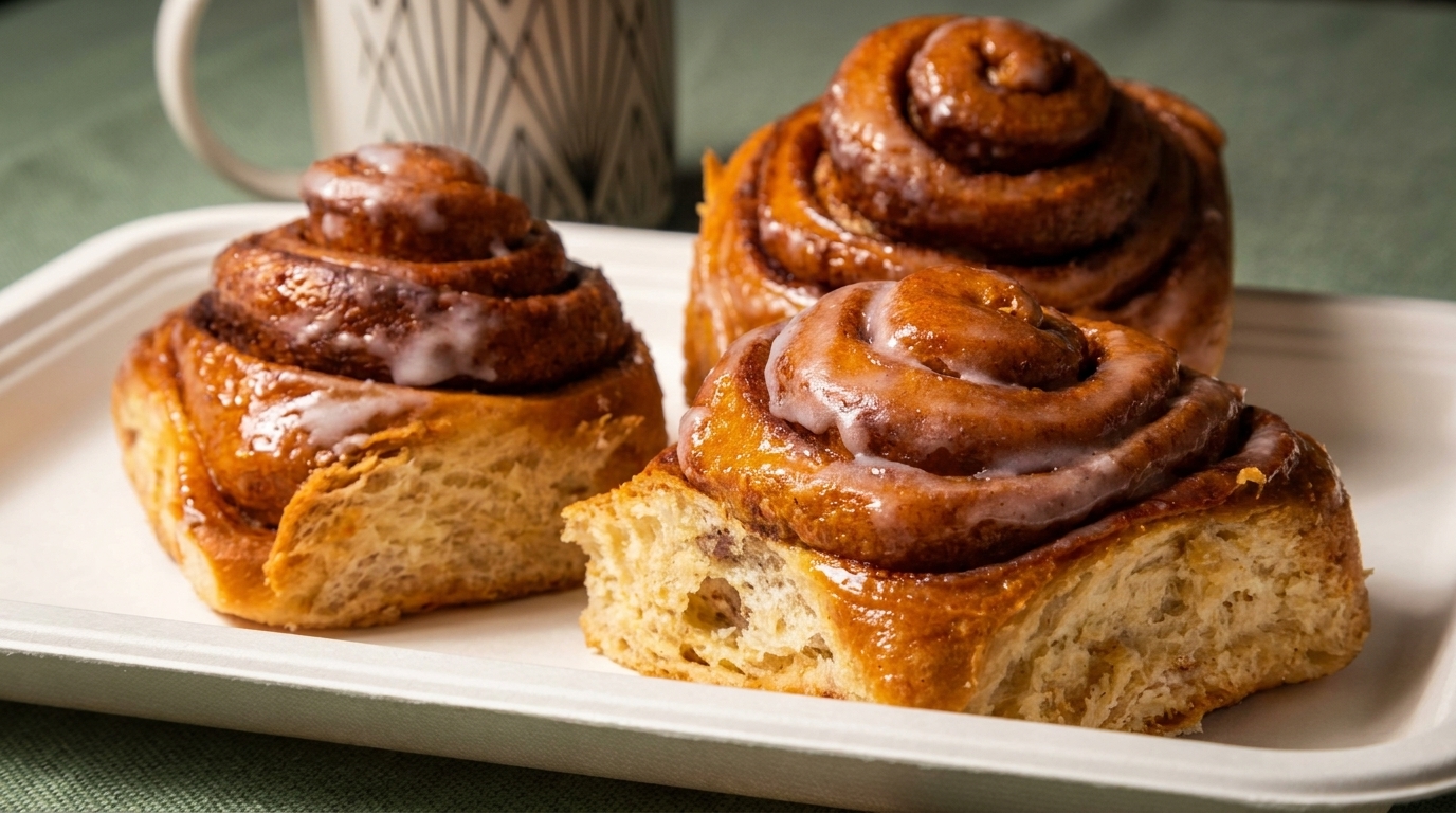 Three glazed cinnamon rolls on a white tray with a patterned mug in the background.