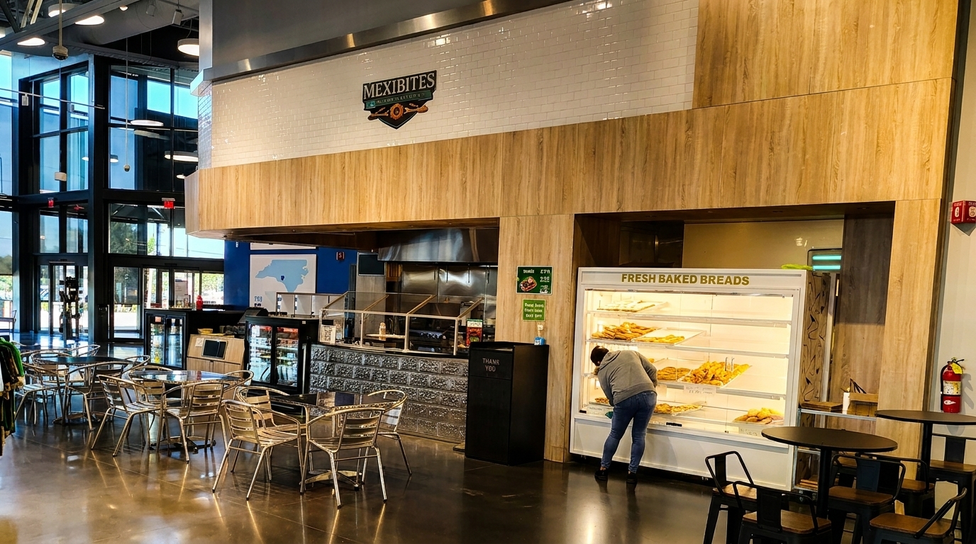 A person stocking pastries in a "Fresh Baked Breads" display case at a Mexibites restaurant.