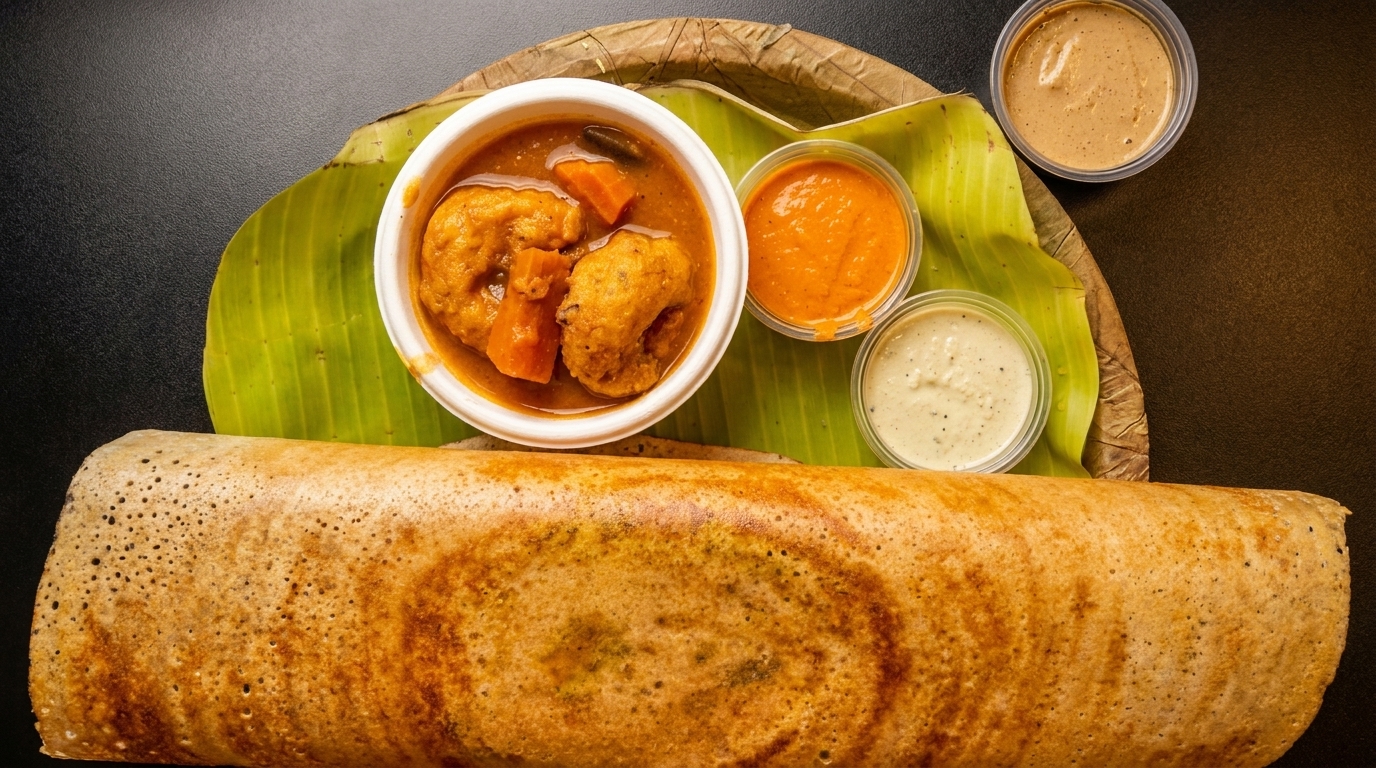 A rolled dosa with a bowl of vada sambar and three small containers of chutneys on a banana leaf.