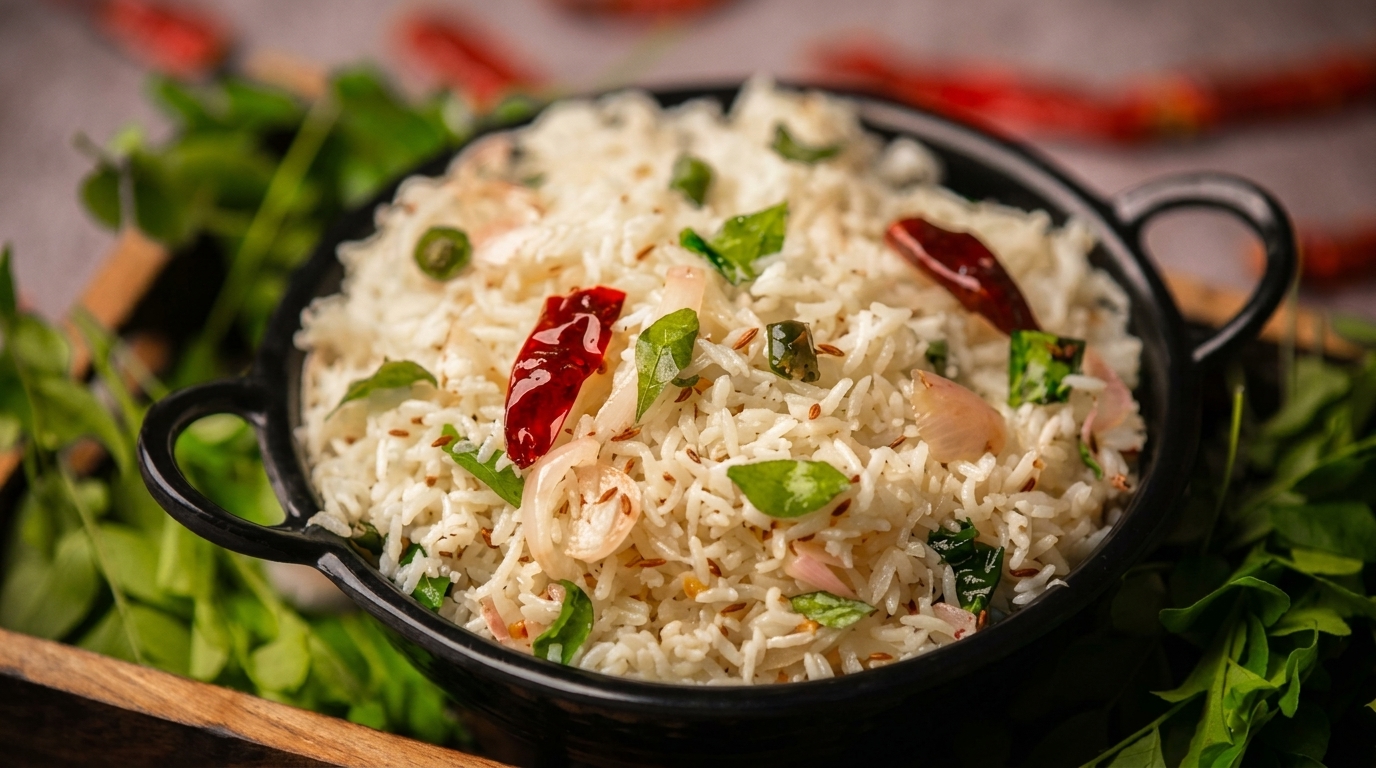 A black bowl of jeera rice with red chilies, curry leaves, and onions, on a wooden tray.