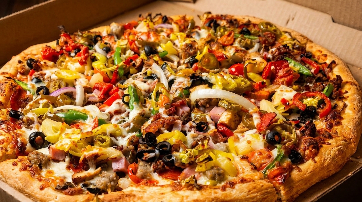 A large, fully loaded pizza with various colorful toppings in a cardboard delivery box.