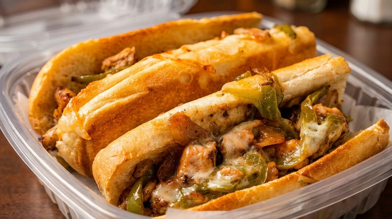 Three chicken cheesesteak sandwiches with melted cheese, peppers, and onions in a plastic takeout container.