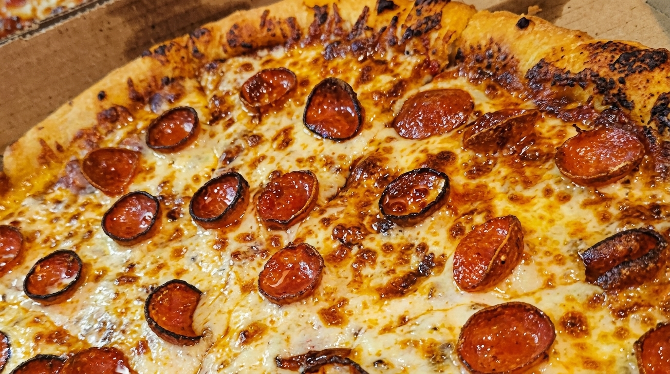 Close-up of a pepperoni pizza with melted cheese and a golden-brown crust in a pizza box.