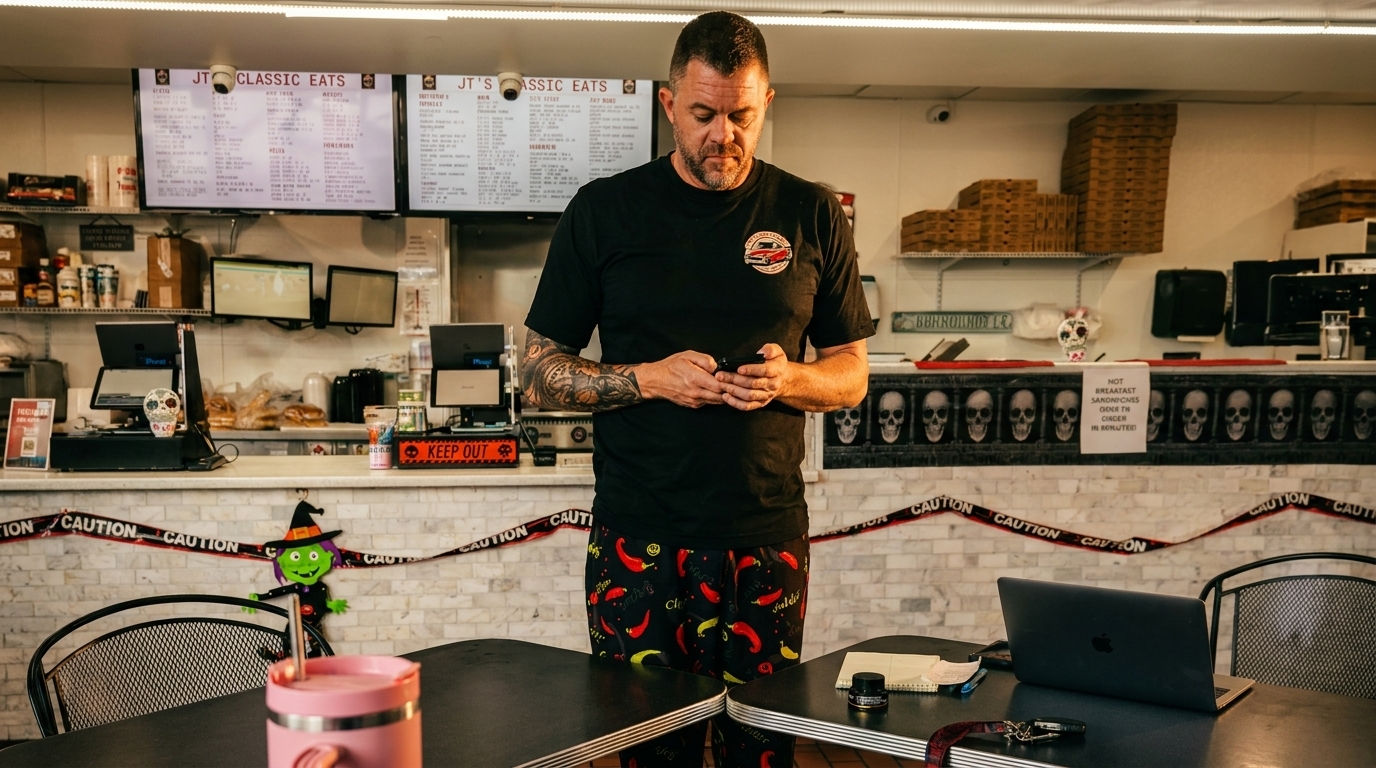 Man in a black t-shirt and chili pepper pants looking at his phone inside JT's Classic Eats.