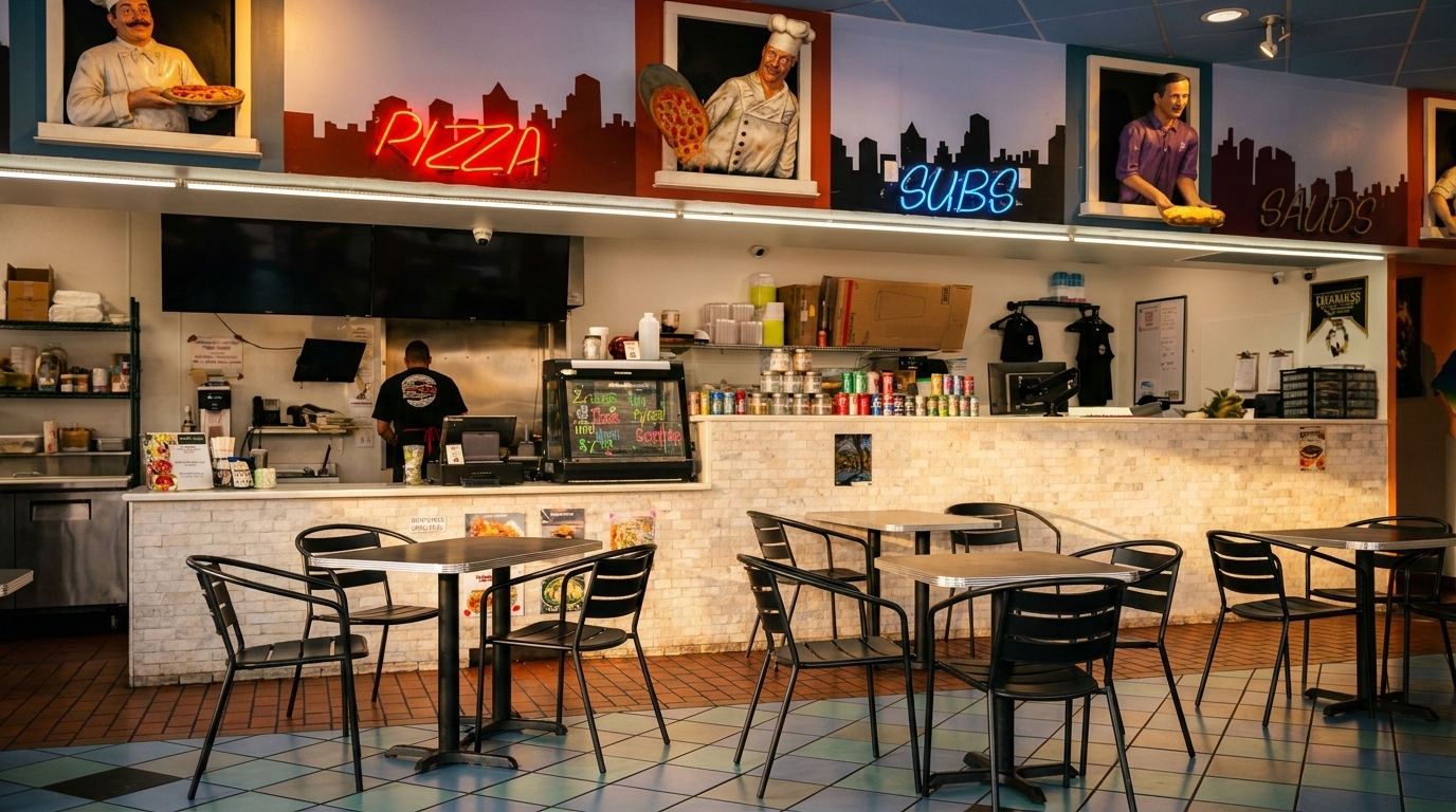 Interior of a casual pizza restaurant with empty tables, a counter, and chef statues holding food.