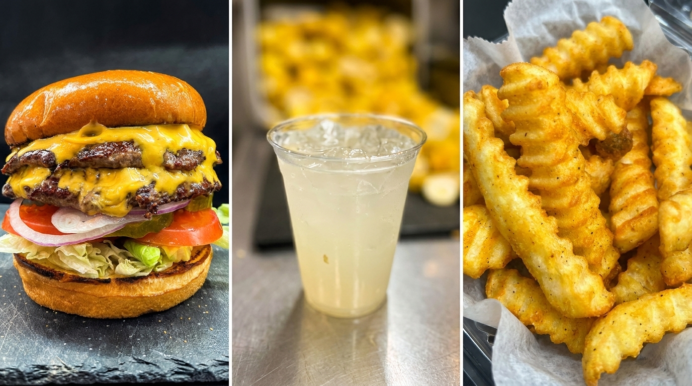 A double cheeseburger, a cup of lemonade, and a basket of seasoned crinkle-cut fries.
