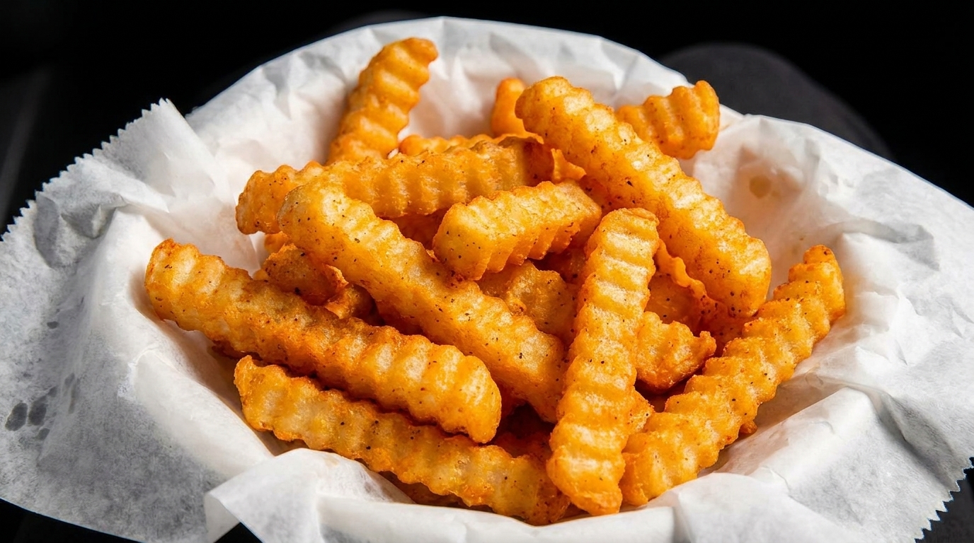 Close-up of golden, crinkle-cut fries seasoned with spices, served in a white paper-lined basket.