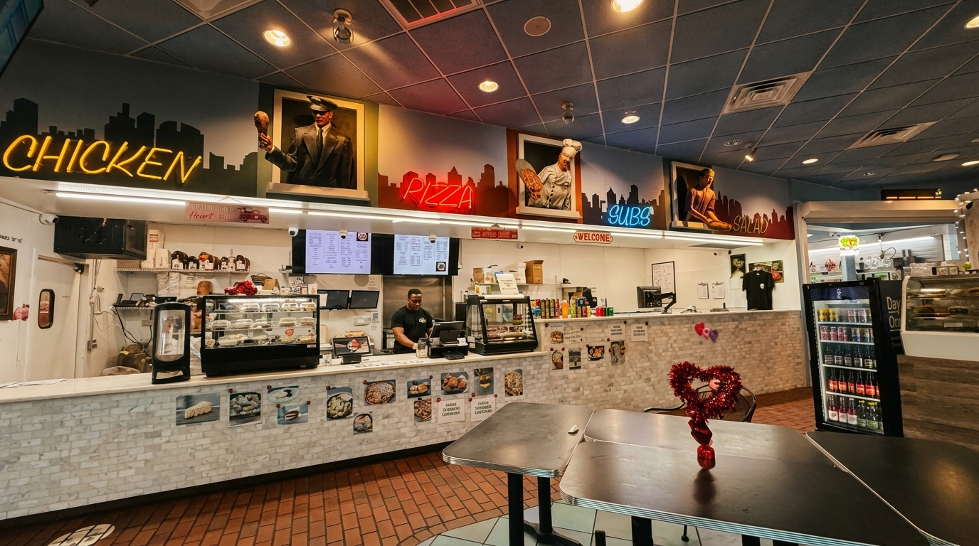 A restaurant interior with a counter, a staff member, and neon signs for chicken, pizza, and subs.