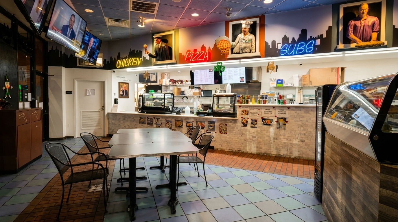 Interior of a casual restaurant with tables, counter service, and neon signs for chicken, pizza, and subs.