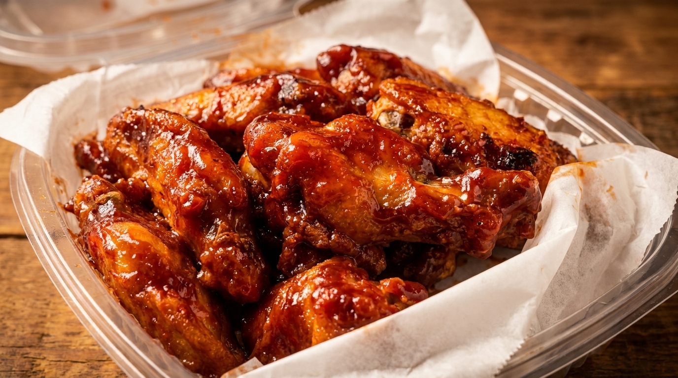 Close-up of a plastic container filled with glossy, saucy chicken wings on a wooden table.