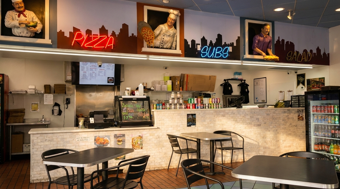 Interior of a casual restaurant with tables, a counter, and neon signs for Pizza, Subs, and Salad.