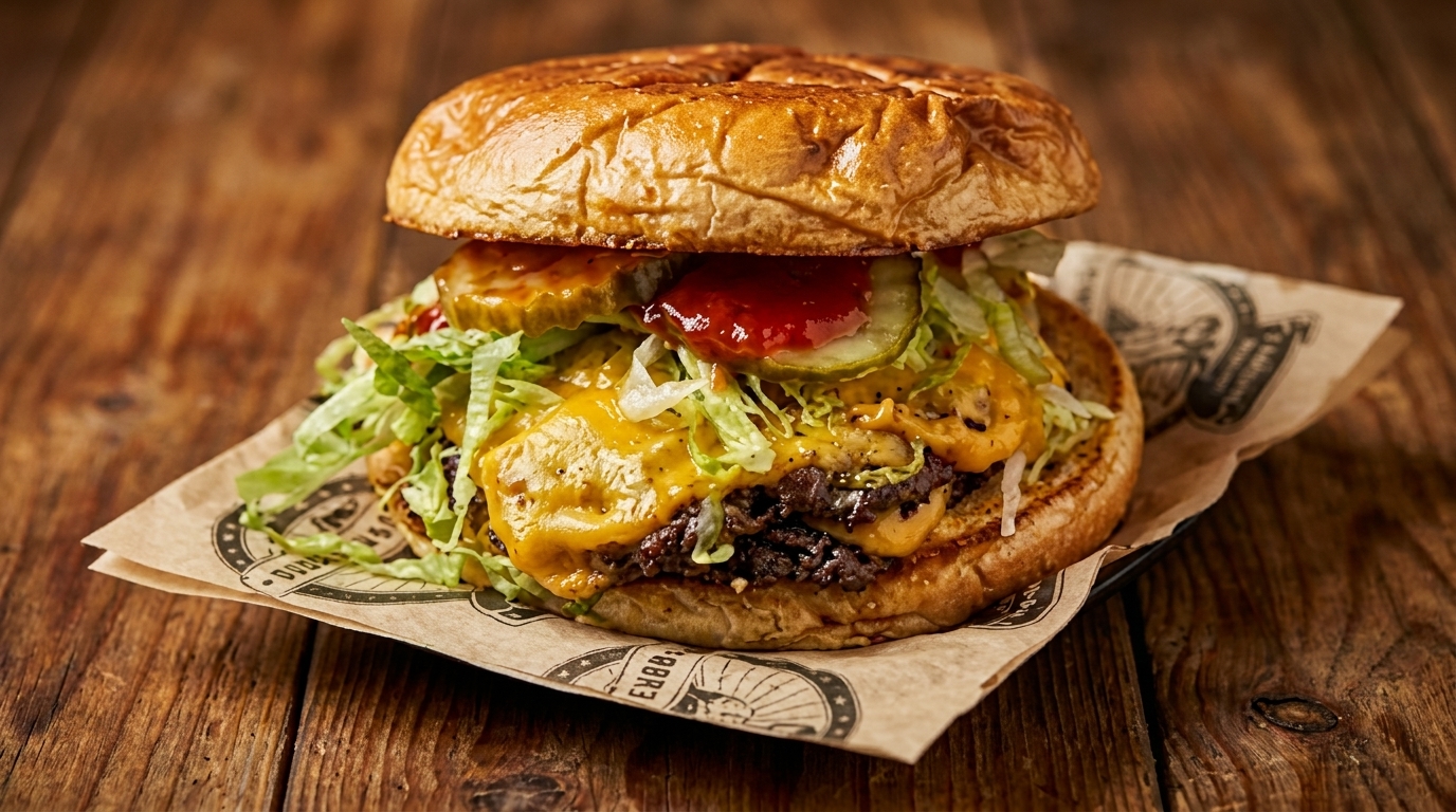 A large cheeseburger with lettuce, pickles, and sauce on branded paper, on a rustic wooden table.