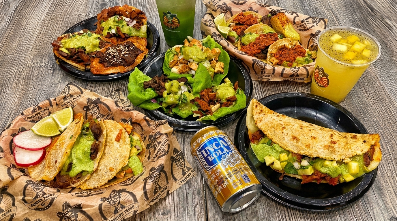 A table laden with various tacos, lettuce wraps, drinks, and an Inca Kola can from Paquito's Tacos.