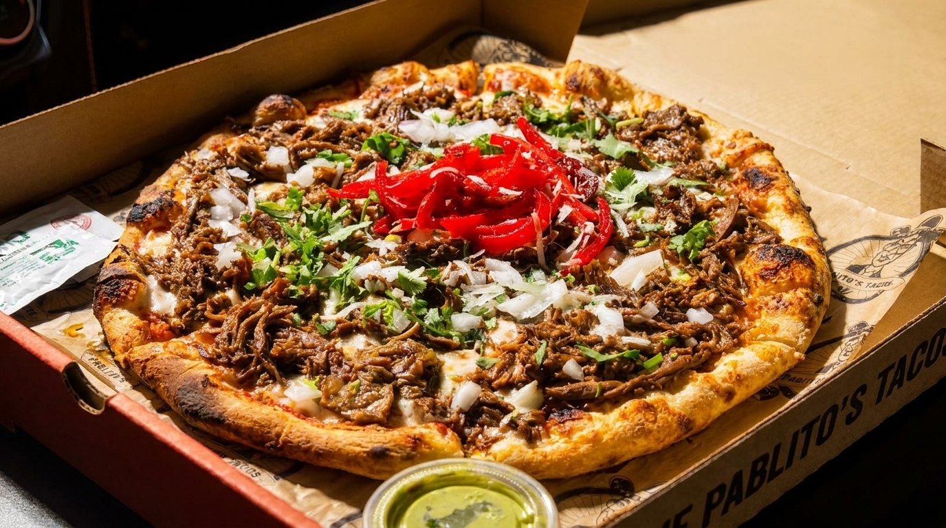 A Pablito's Tacos pizza with shredded meat, onions, cilantro, and red peppers in a box.