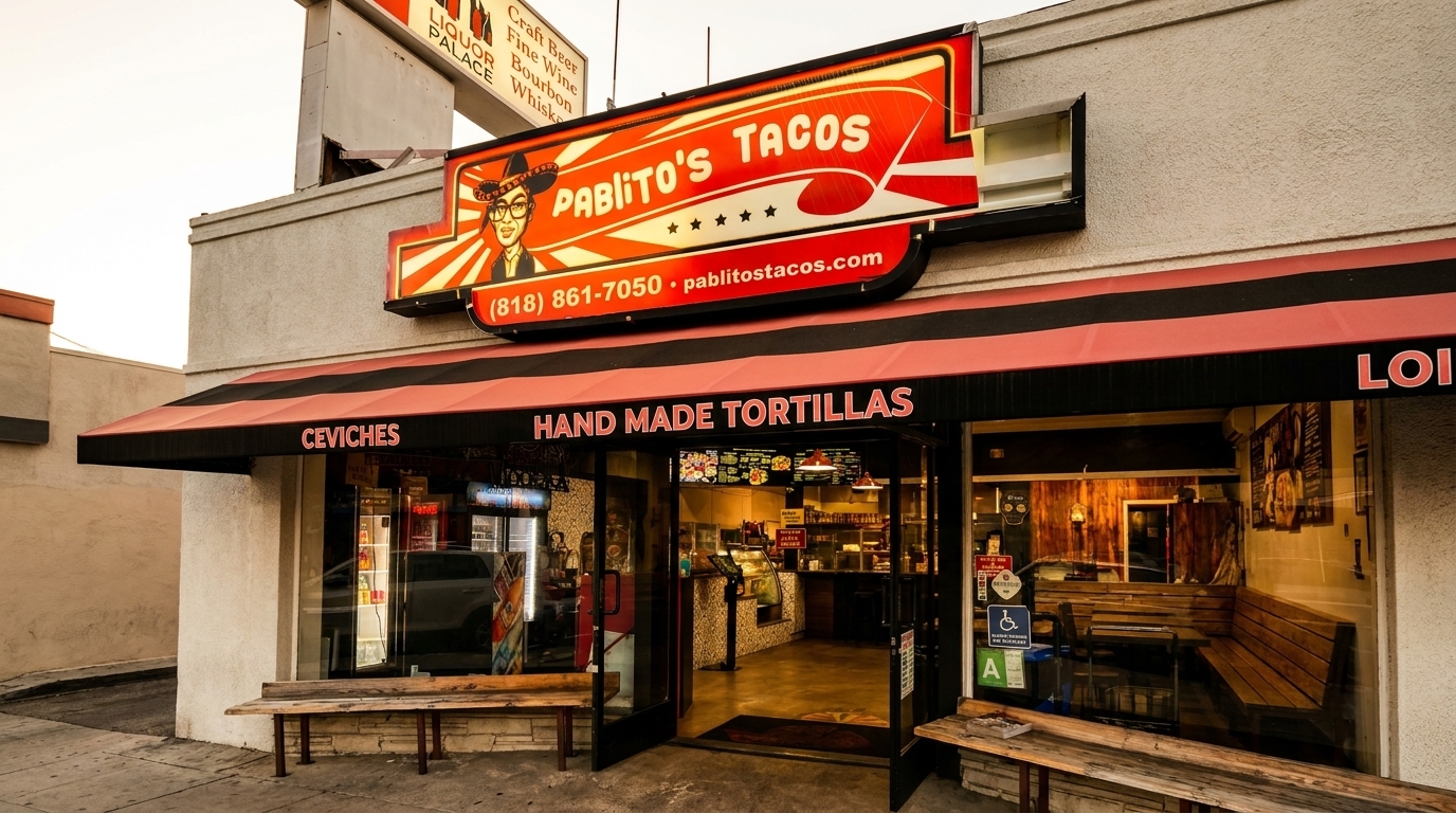 The exterior of Pablito's Tacos restaurant, featuring a red sign, black awning, and open entrance.