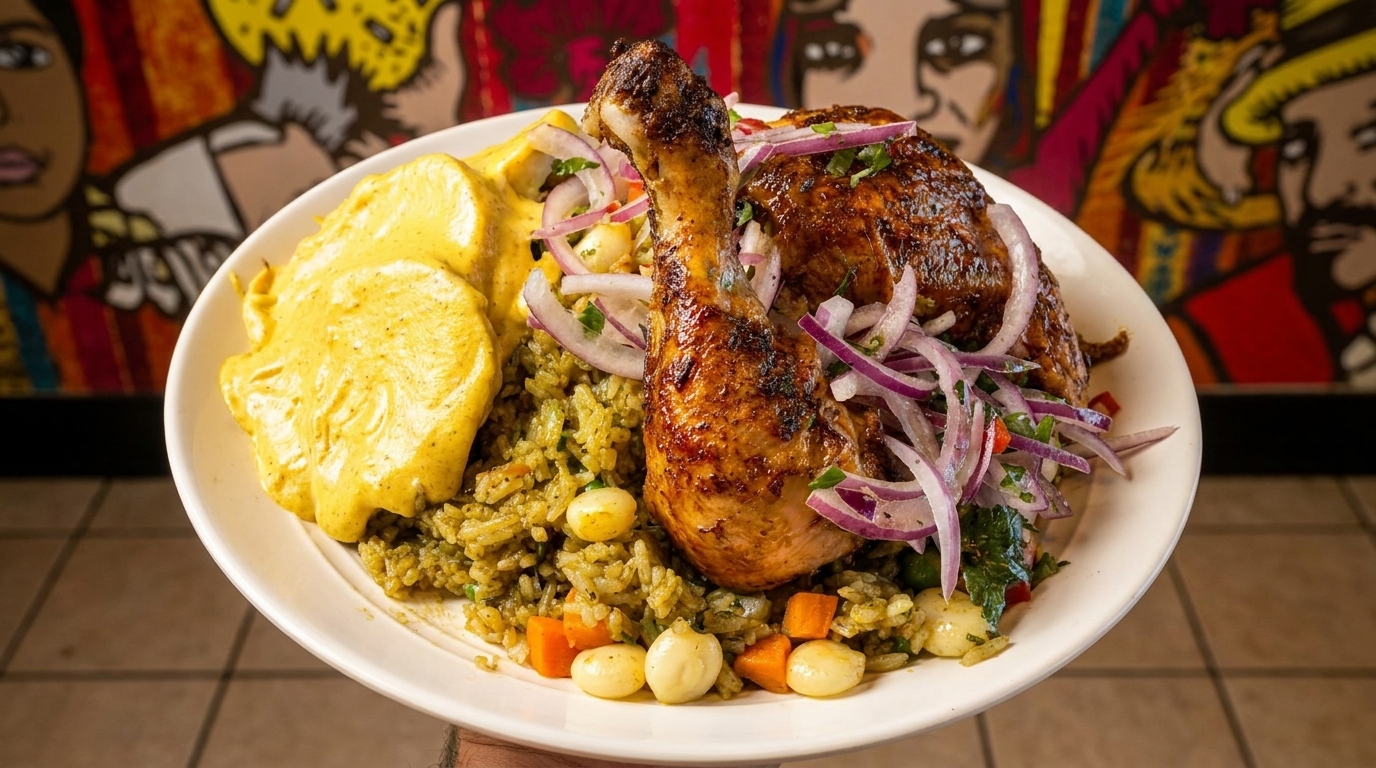 Peruvian roasted chicken with green rice, yellow sauce, red onions, and vegetables on a white plate.
