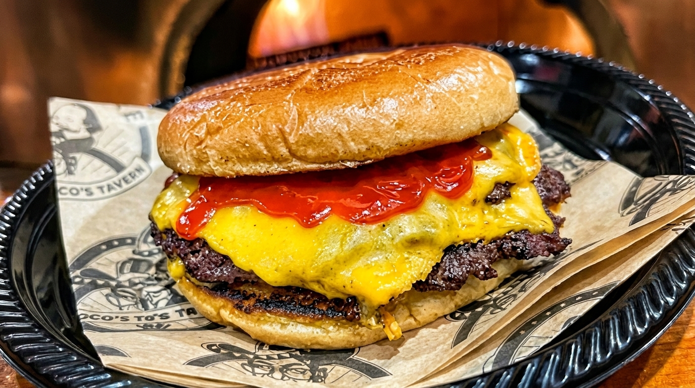 A double cheeseburger with melted cheese and ketchup on a branded wrapper, in front of a pizza oven.