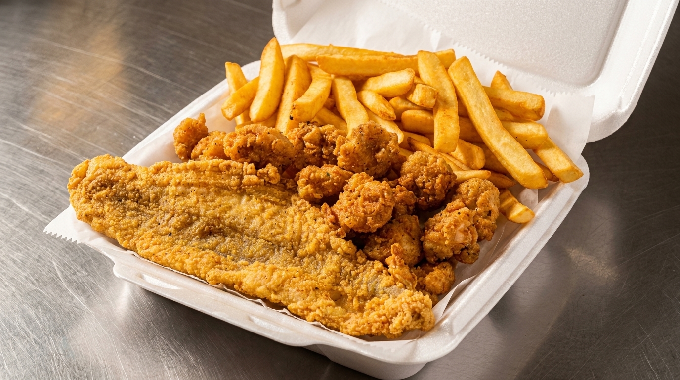 Fried fish fillet, popcorn shrimp, and french fries in a white styrofoam takeout container.