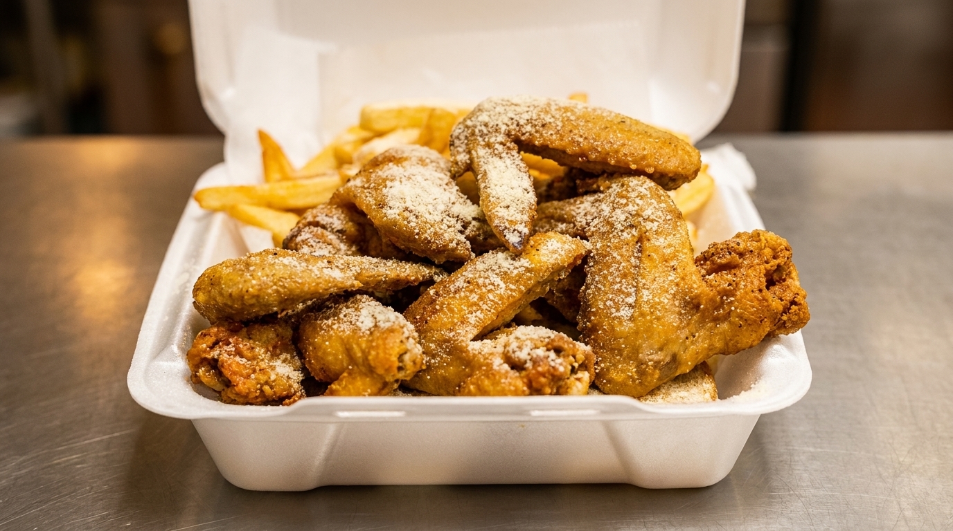 Crispy fried chicken wings and french fries dusted with parmesan cheese in a white takeout container.