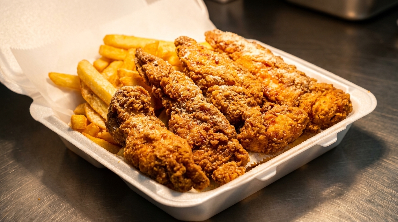 Crispy fried chicken tenders and golden french fries in a white takeout container on a metal surface.