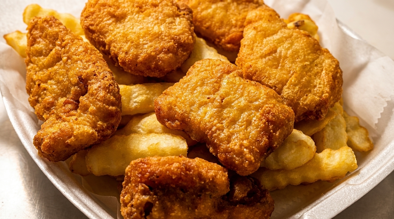 Close-up of golden-brown fried chicken tenders and crinkle-cut fries in a white takeout container.