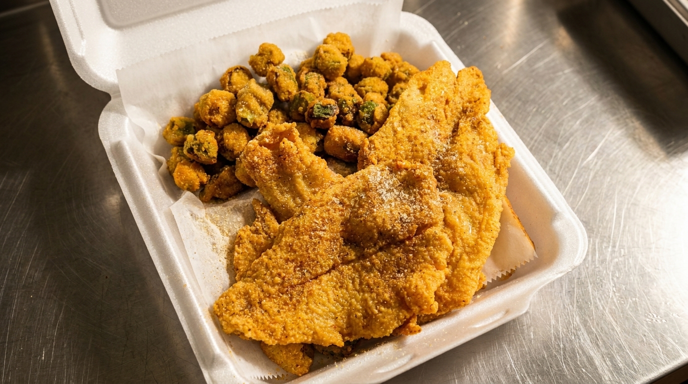 Fried fish fillets and fried okra in a white styrofoam takeout container on a metal surface.