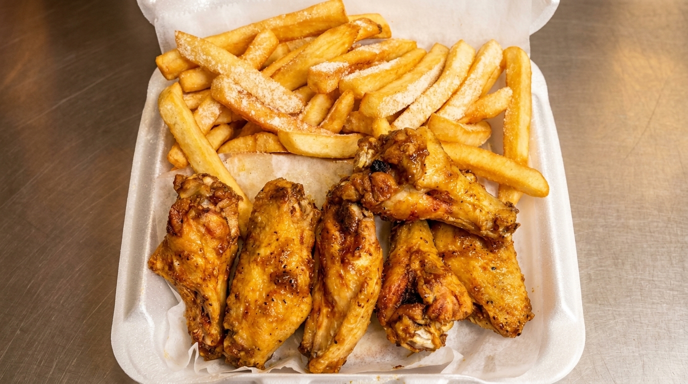 A white takeout container holds golden-brown chicken wings and crispy french fries dusted with seasoning.