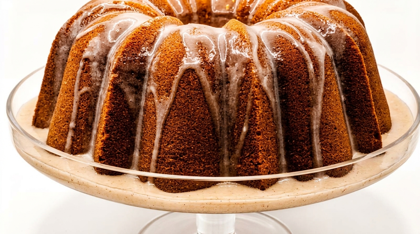 Bundt cake with white icing dripping down its sides, sitting in a pool of sauce on a glass stand.