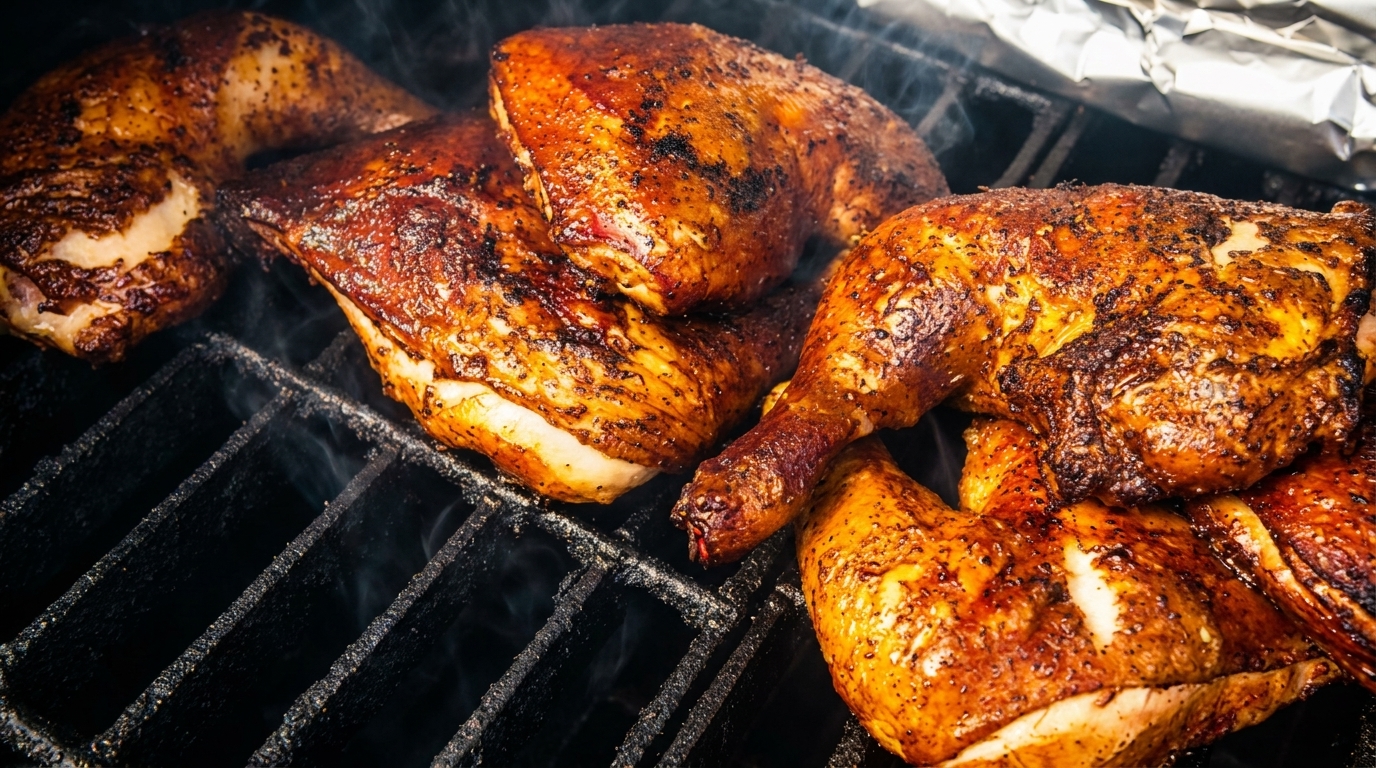 Golden-brown chicken pieces with crispy skin grilling on a smoky barbecue grate.