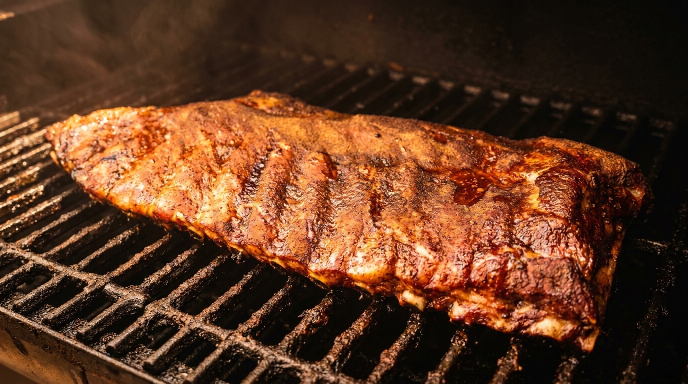 A rack of ribs, seasoned and glistening with sauce, cooking on a dark grill with smoke rising.