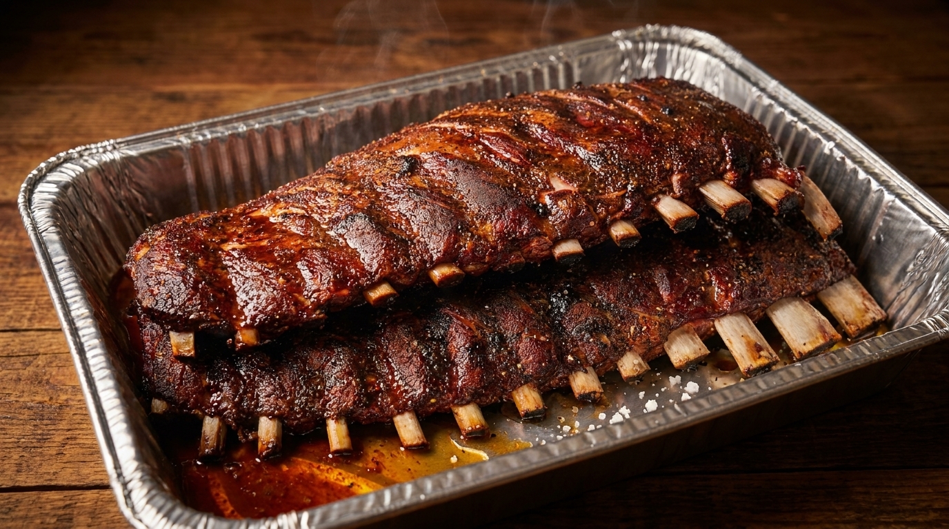 Two racks of steaming, saucy BBQ ribs in a foil pan on a wooden table.