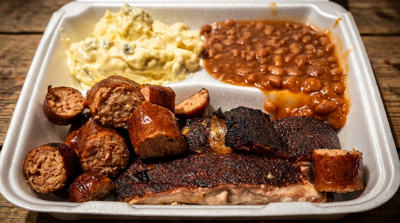 Barbecue platter with sliced sausage, ribs, baked beans, and potato salad in a styrofoam container.