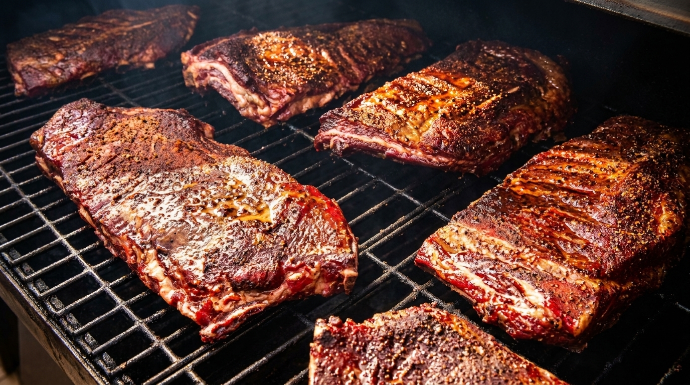 Several racks of seasoned ribs cooking on a dark grill with smoke rising.