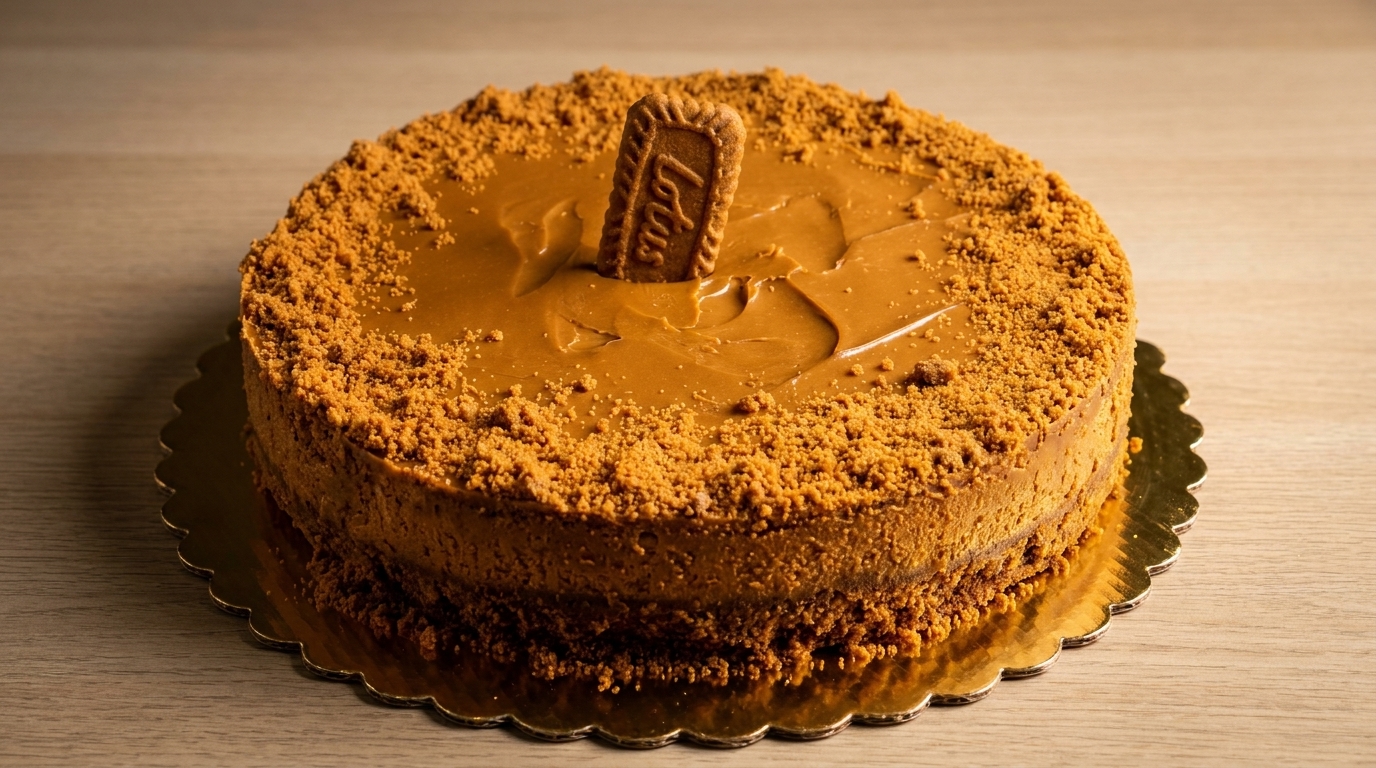 A whole Biscoff cheesecake with a Lotus cookie on top, on a gold scalloped cake board.