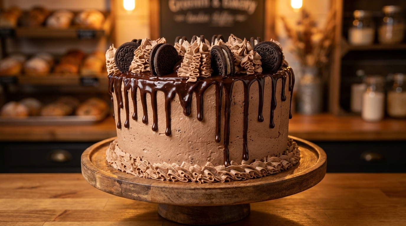 Chocolate cake with chocolate ganache, frosting, and Oreo cookies on a wooden stand in a bakery.