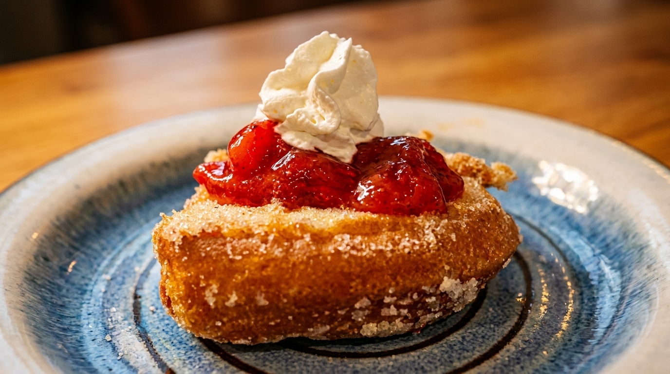 Golden-brown fried dough covered in sugar, topped with strawberry compote and whipped cream on a blue plate.