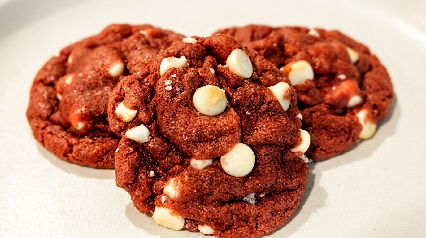 Three red velvet cookies with white chocolate chips and sea salt on a light plate.