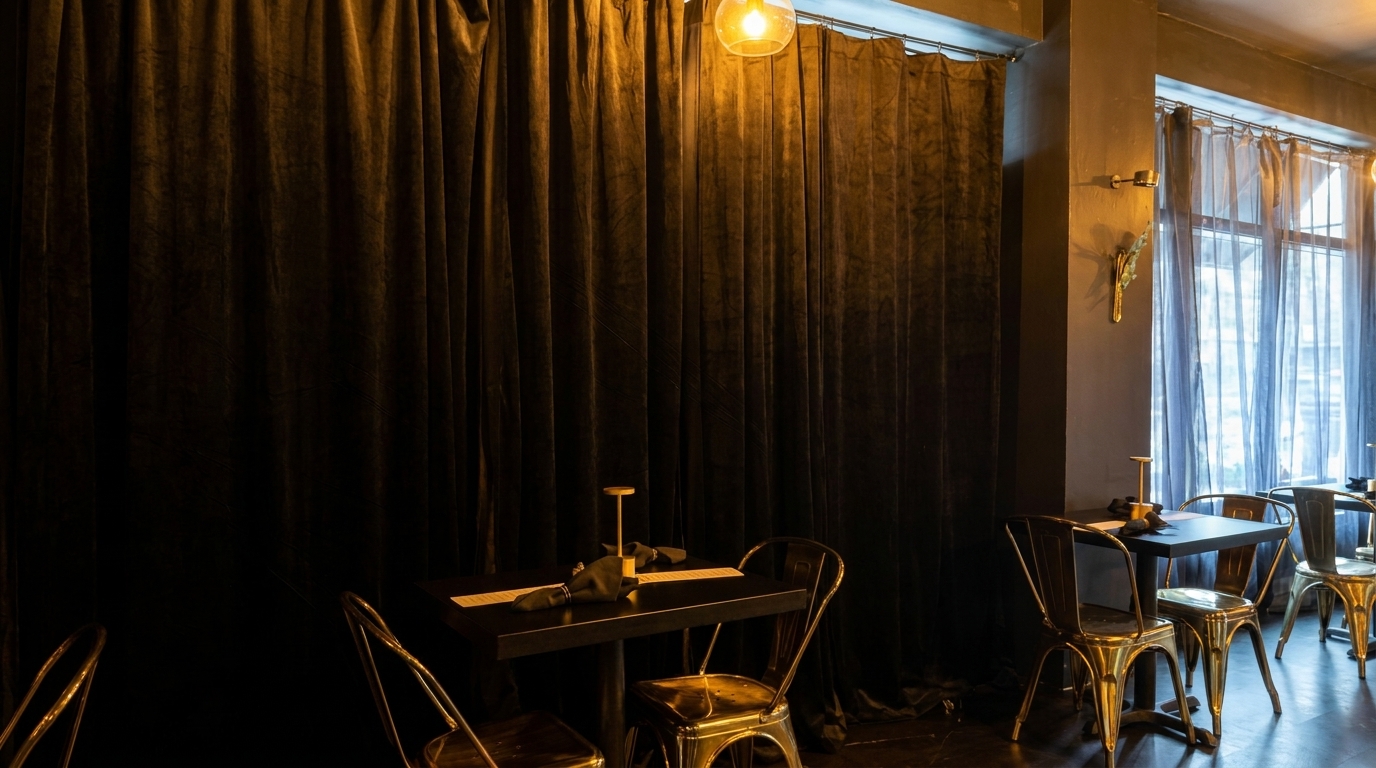 Dark, intimate restaurant interior with black velvet curtains, small tables, and gold chairs.
