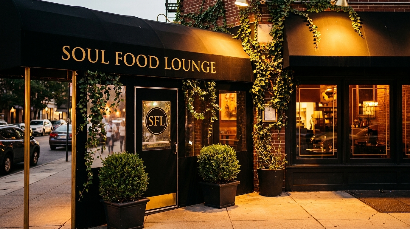 Exterior of Soul Food Lounge at dusk, with a black awning, ivy, and warm interior lighting.