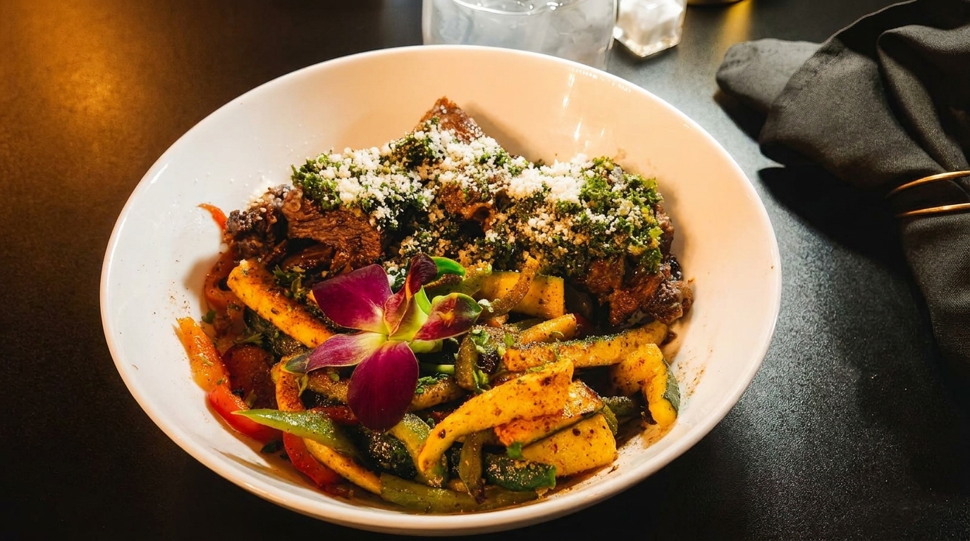 Braised short ribs with roasted vegetables and a purple orchid garnish in a white bowl.