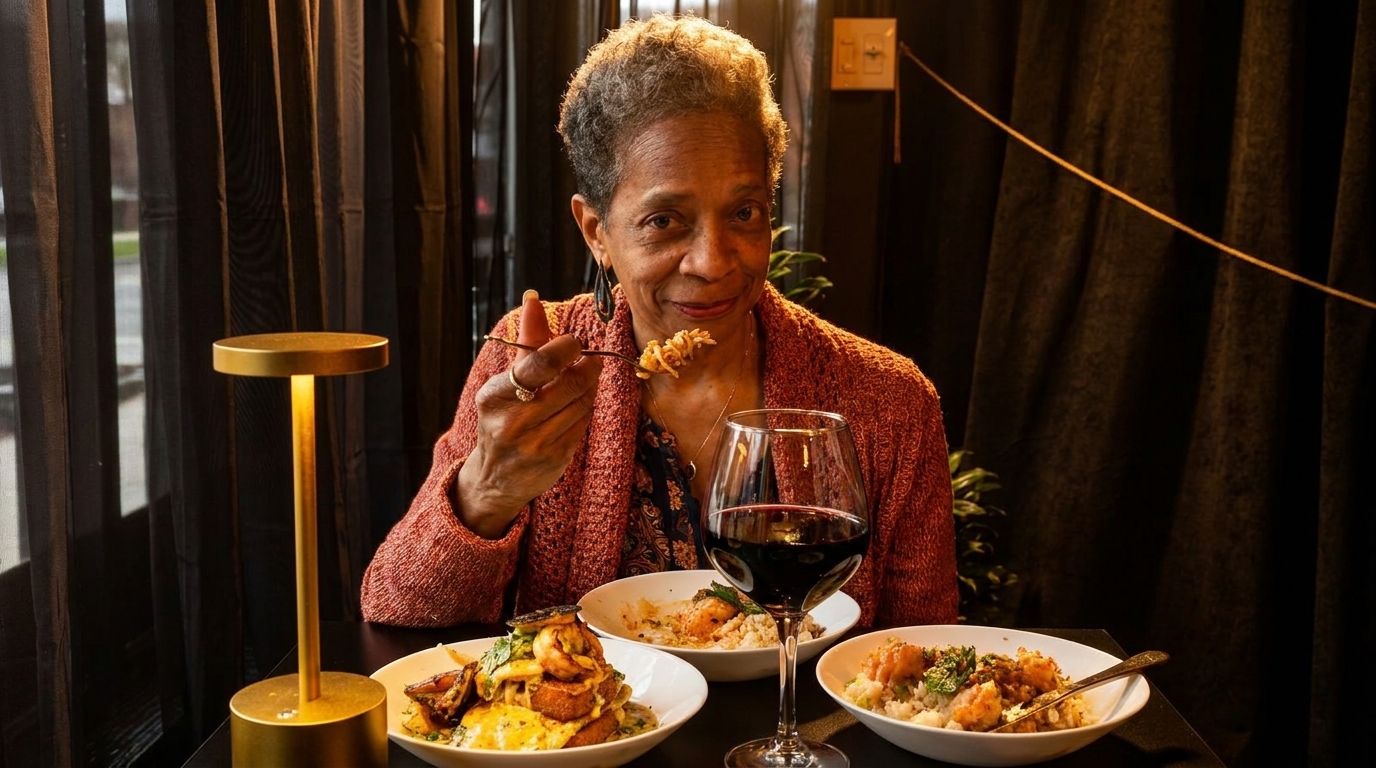 A woman in a rust-colored cardigan smiles while eating a meal with wine at a dimly lit table.