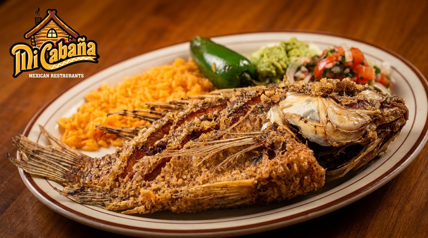 A whole fried fish with rice, jalapeño, guacamole, and pico de gallo on a plate.