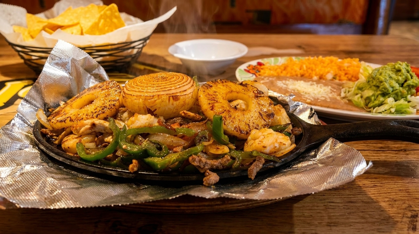 Sizzling fajitas with steak, shrimp, bell peppers, onions, and pineapple, served with chips and sides.