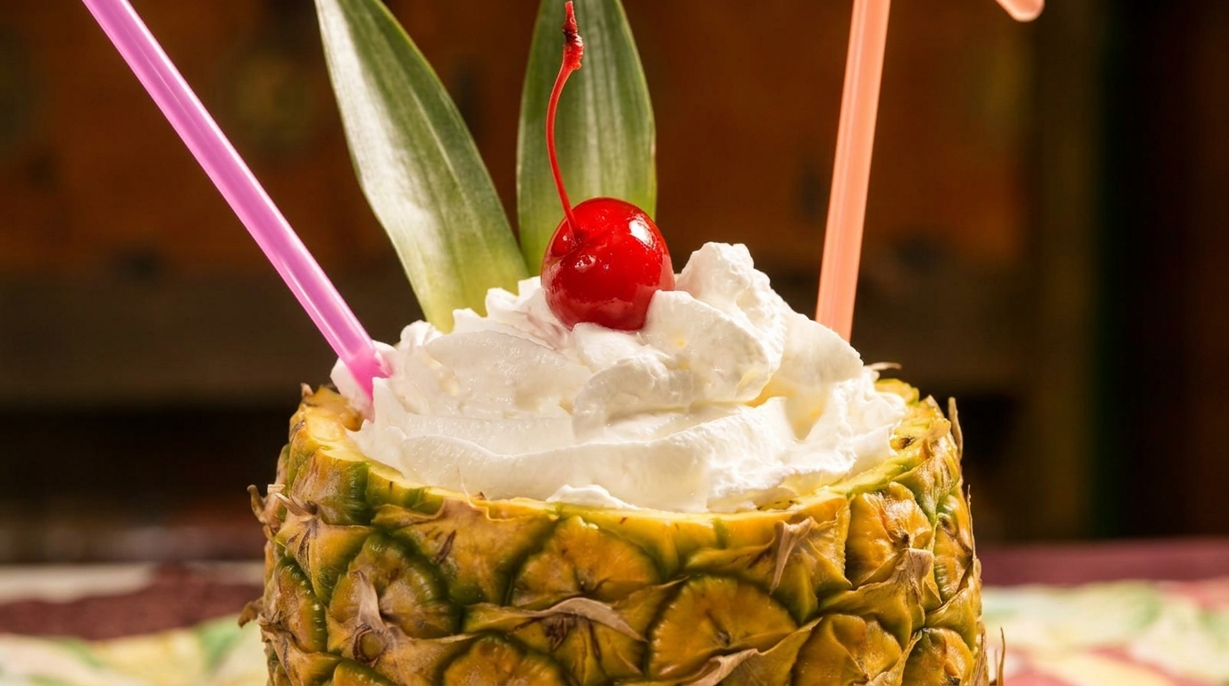 A tropical drink served in a pineapple, topped with whipped cream, a cherry, and straws.