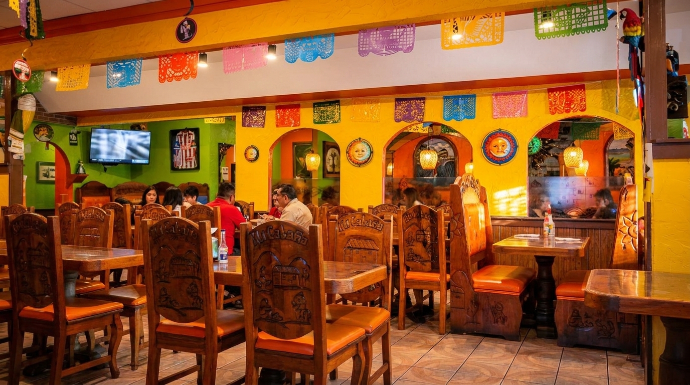 Vibrant Mexican restaurant interior with colorful decor, wooden tables, and patrons dining.