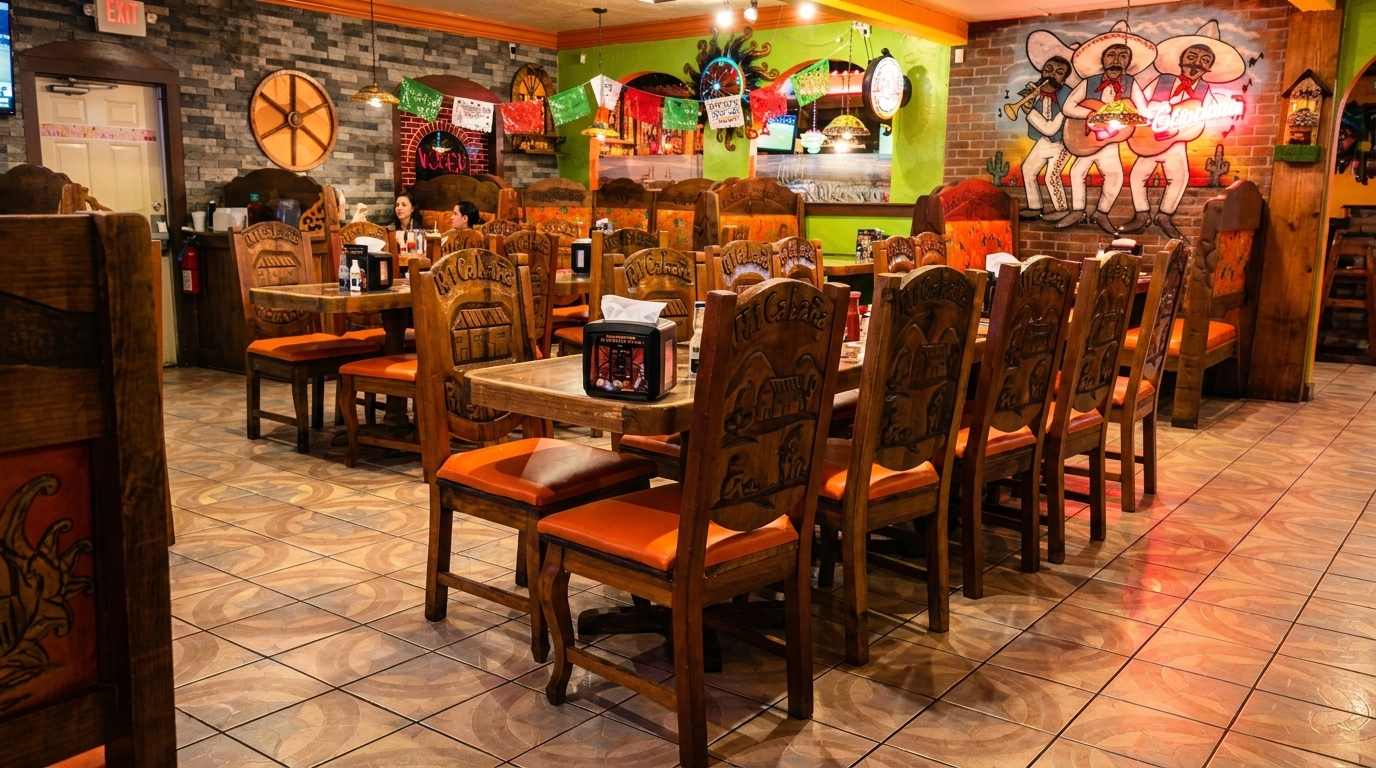 Vibrant Mexican restaurant interior with carved wooden chairs, orange cushions, and colorful wall murals.