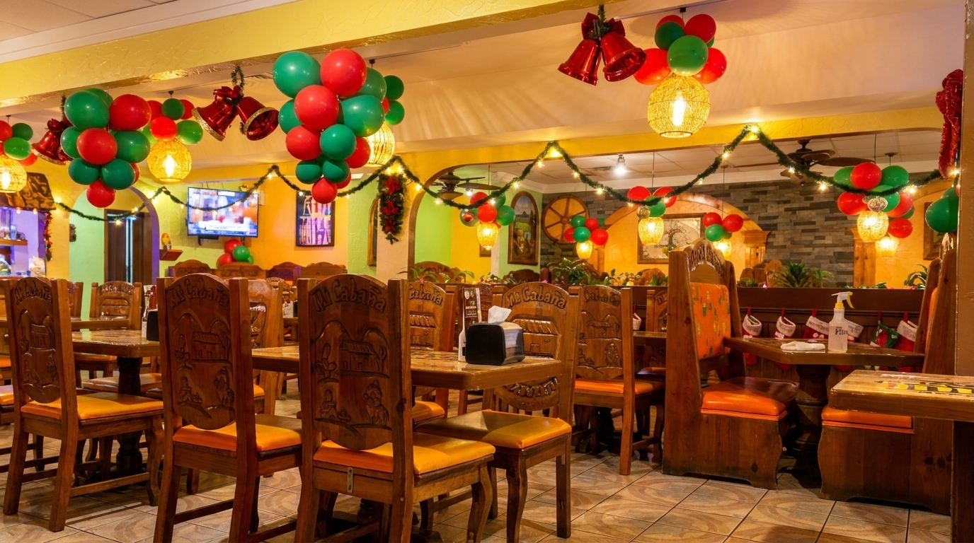 Restaurant dining room decorated for Christmas with red and green balloons, garlands, and wooden chairs.