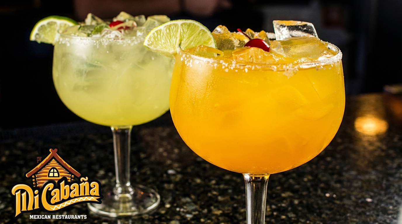 Two large margaritas, one yellow and one orange, garnished with lime and cherries.